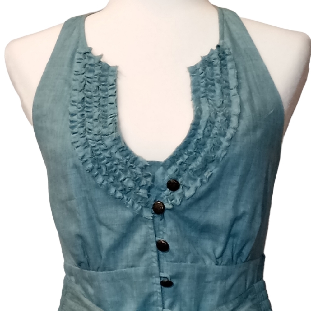 Nick & Mo Anthropologie button down blue/green shirt dress halter neck size S. - Picture 2 of 11